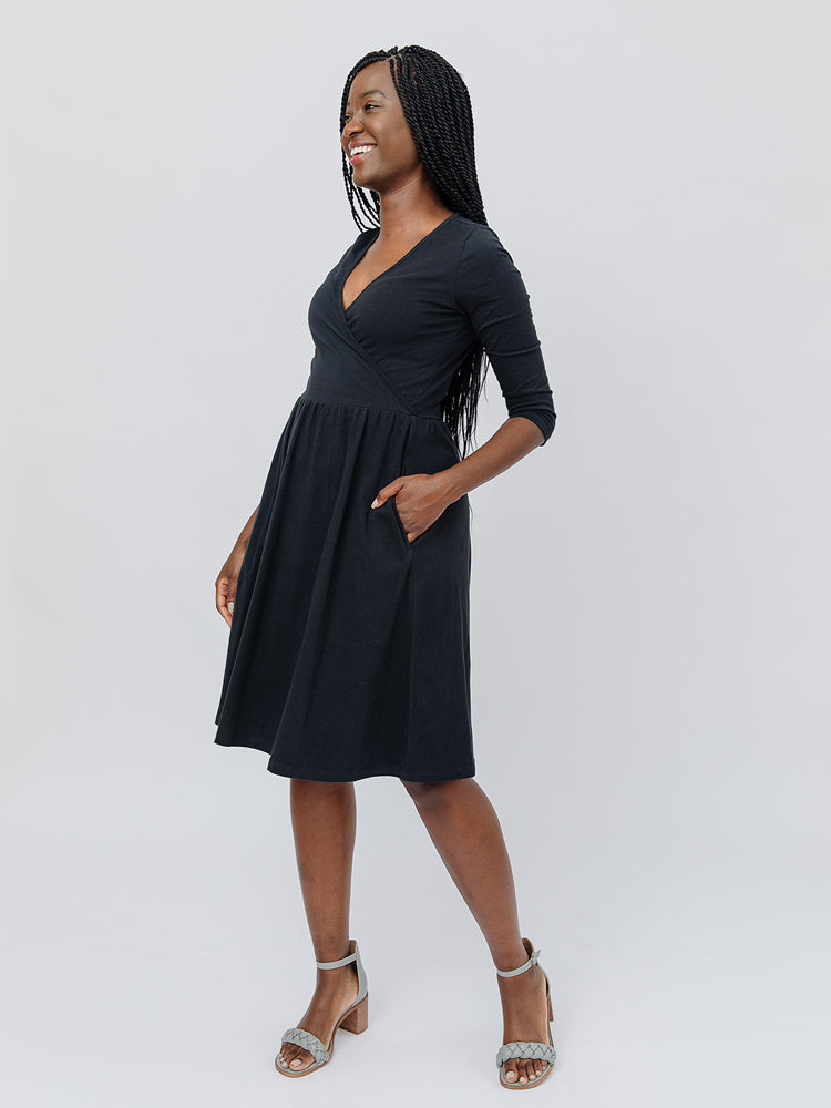 Callie 3/4 Sleeve Wrap Dress - Black - Image 4