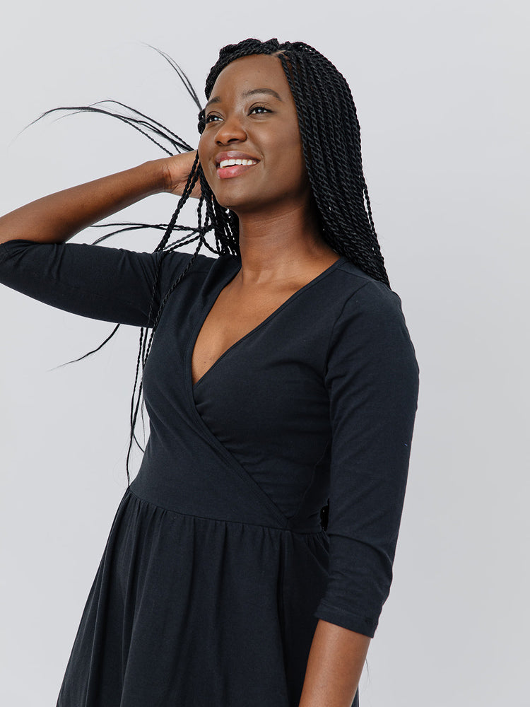 Callie 3/4 Sleeve Wrap Dress - Black - Image 5