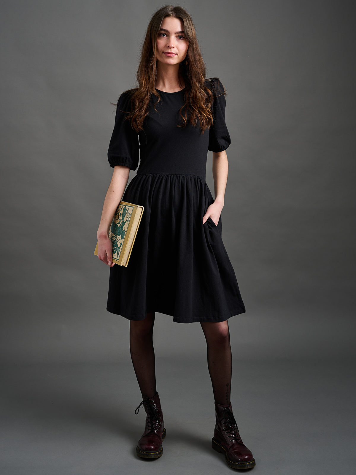 Inez Bubble Sleeve Dress - Black Jersey - Image 1