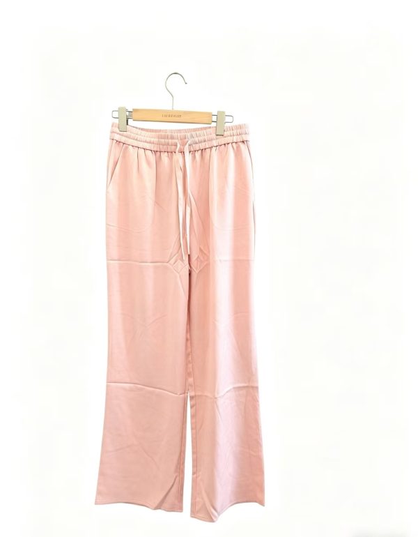 Women's Pink Wide Leg Trousers - High Waist Drawstring Casual Pants with Pockets