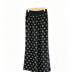 Women's Black Cross Print Wide Leg Trousers - High Waist Casual Pants with Pockets