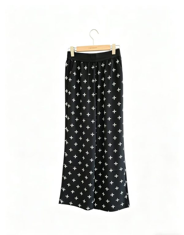 Women's Black Cross Print Wide Leg Trousers - High Waist Casual Pants with Pockets