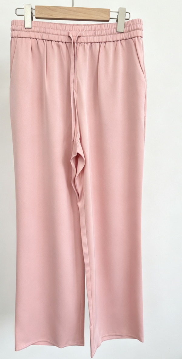 Women's Pink Wide Leg Trousers - High Waist Drawstring Casual Pants with Pockets - Image 2