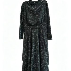 Women's Black Polka Dot Midi Dress - Long Sleeve Waist-Cinched Casual Dress with Lace Hem