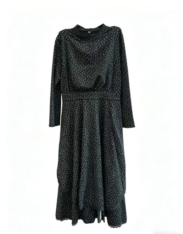 Women's Black Polka Dot Midi Dress - Long Sleeve Waist-Cinched Casual Dress with Lace Hem